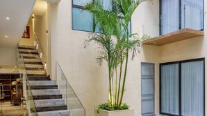 Un interior moderno con una escalera central, una planta grande en maceta y un suelo estampado.