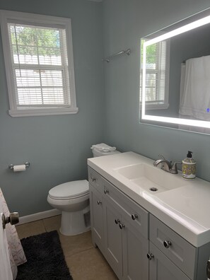 Hair dryer, towels, soap, shampoo