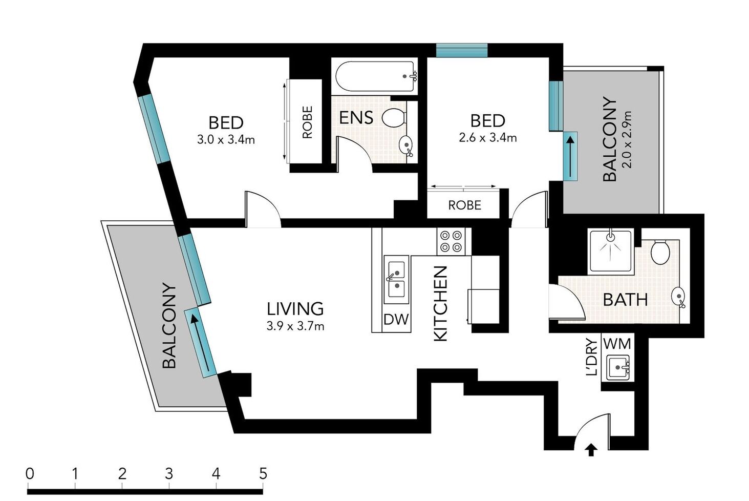 A floor plan of a hotel with a living area, two bedrooms, a balcony, a kitchen, a bathroom, and a dry/wet room.