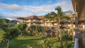 A multi-story hotel with balconies, surrounded by lush greenery and palm trees.