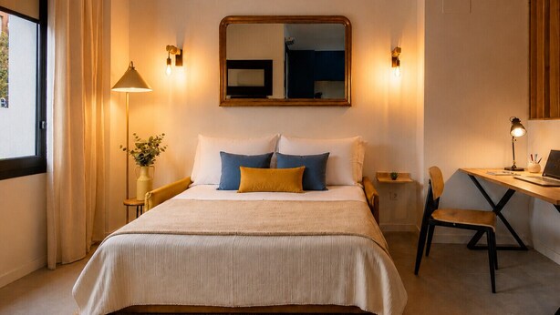 A bedroom with a bed, bedside table, lamp, chair, desk, laptop, and a mirror. - The Ceramic Home I | AC & WiFi | Free Bikes Included (Valencia)