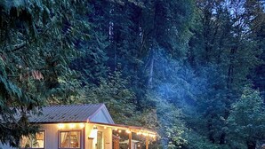 A small cabin with a porch, surrounded by dense forest. - Private Romantic Woodland Getaway- sauna, hot tub, outdoor culinary bar, gardens (Vader)