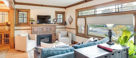 TV, fireplace, books