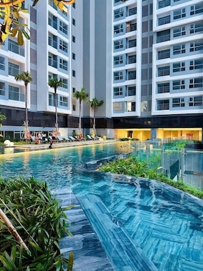 Outdoor pool, pool umbrellas, pool loungers
