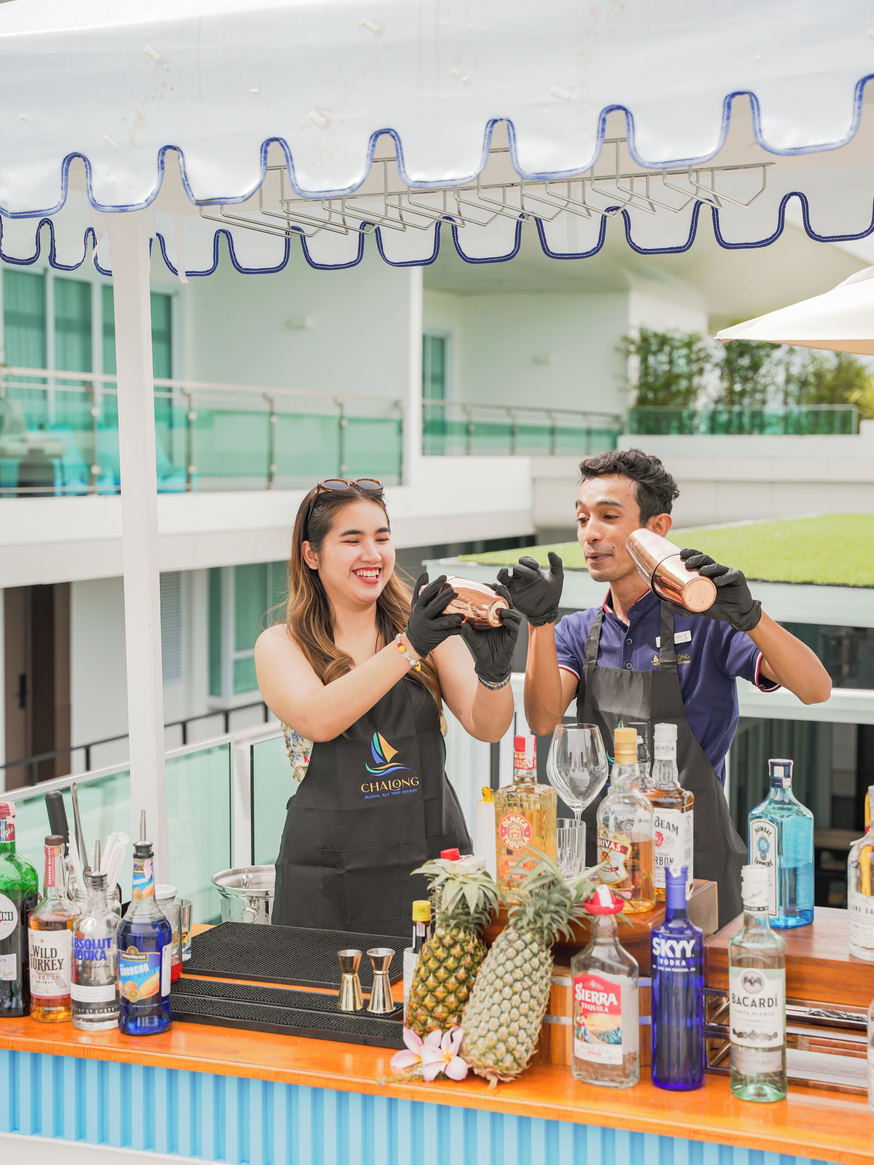 Zona de bar con mostrador, diversas botellas de alcohol y una piña.