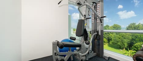 A gym with exercise equipment, a blue exercise ball, and a view of greenery through a large window.