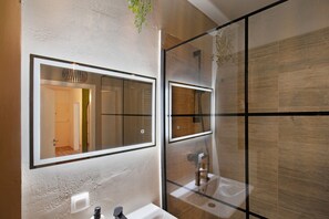 Shower, hair dryer, towels