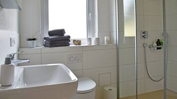 Shower, hair dryer, towels