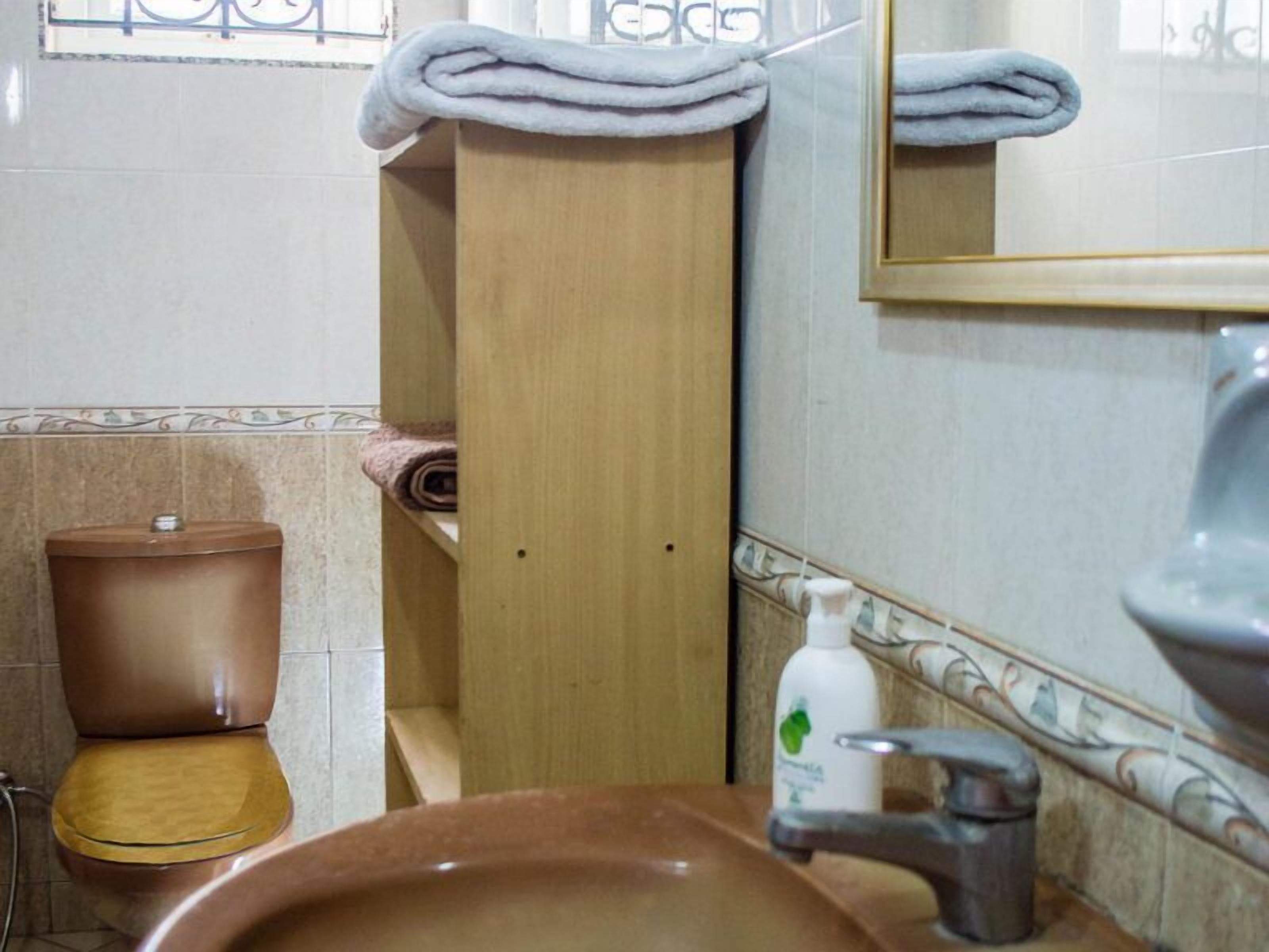 Une salle de bain avec des toilettes, un lavabo et un miroir.