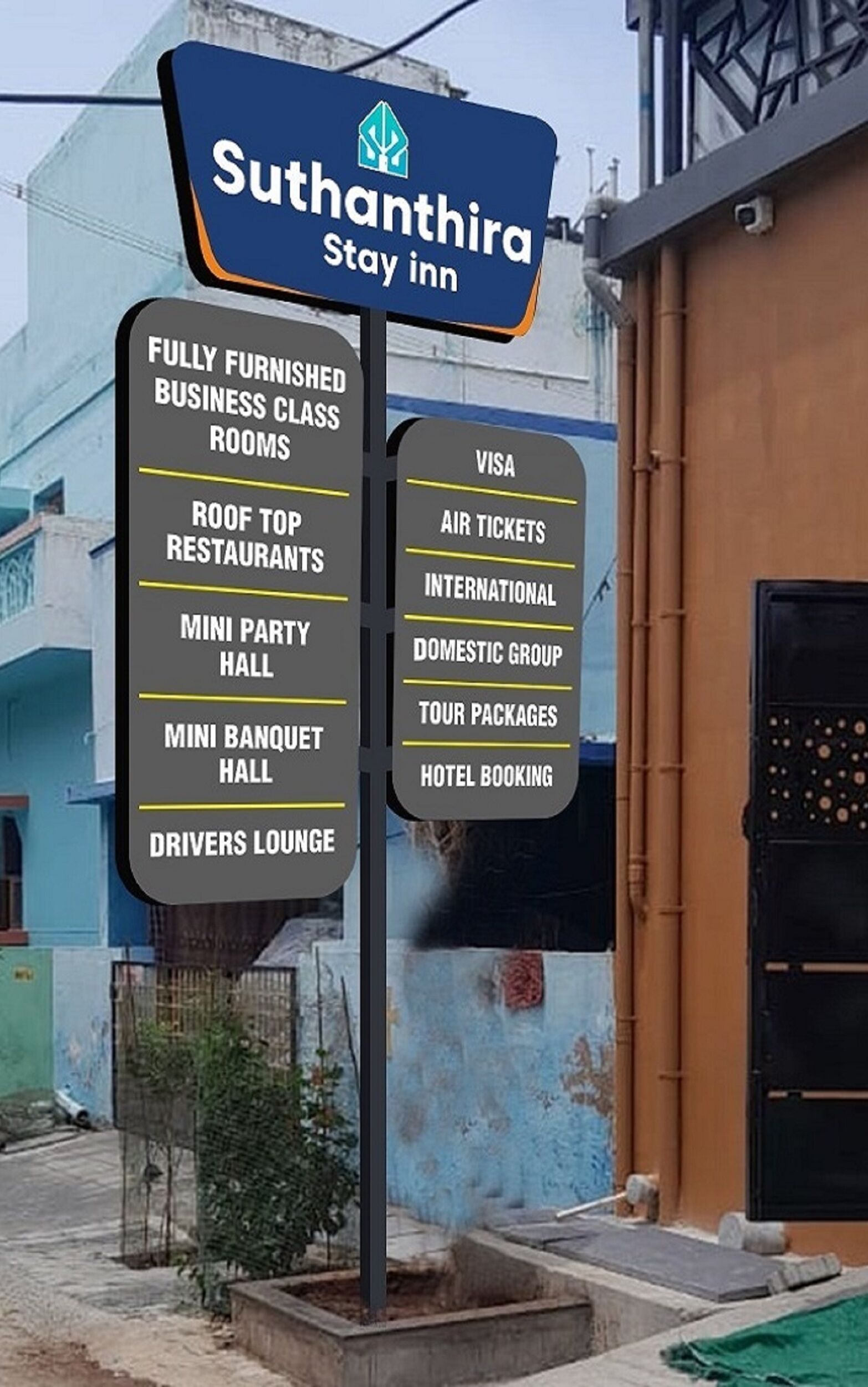 A signboard for Suthanthira Stay Inn listing amenities like fully furnished business class rooms, roof top restaurants, mini party hall, mini banquet hall, and drivers lounge.