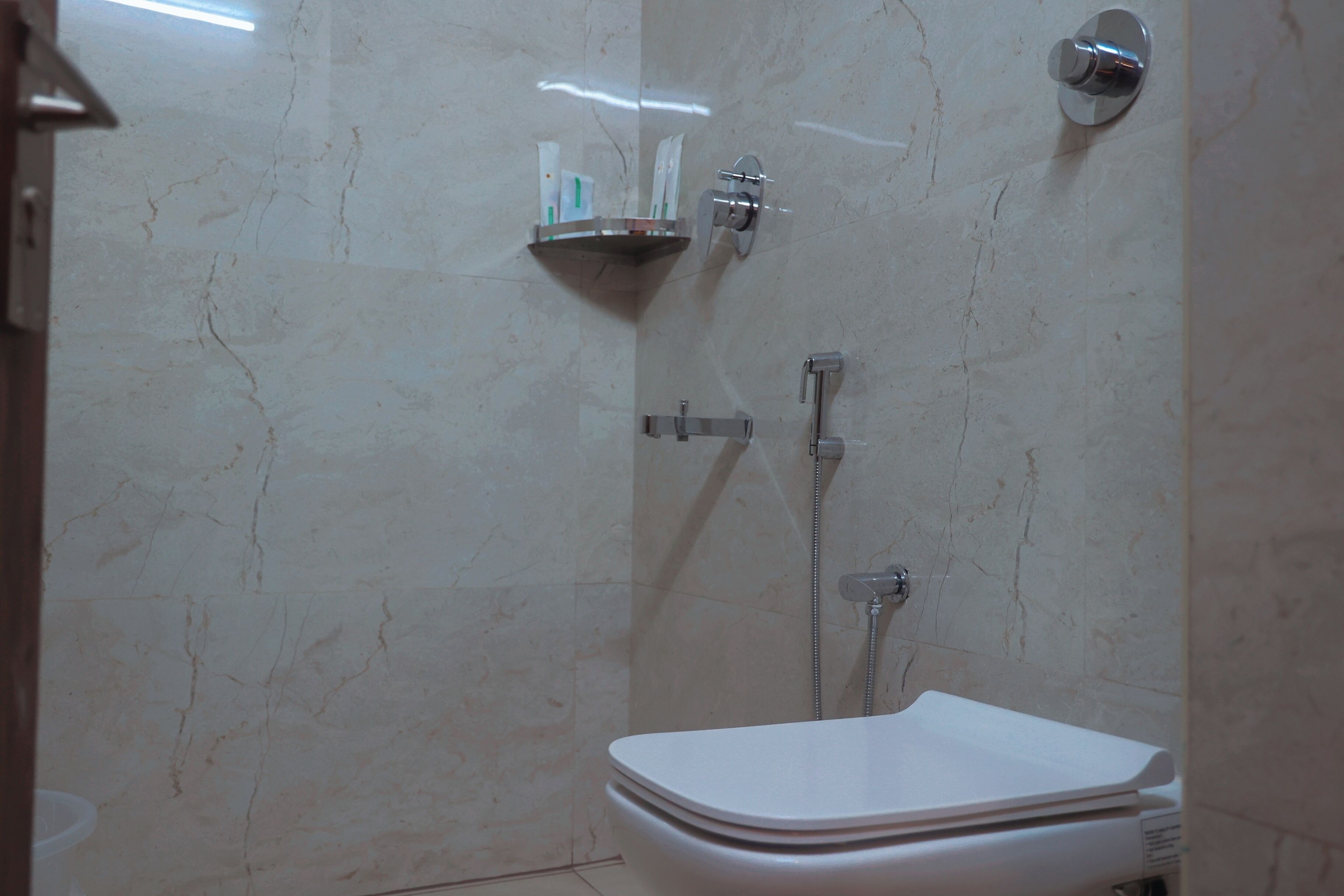 Ein Badezimmer mit Toilette, Dusche und Ablage für Toilettenartikel.