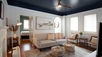 Smart TV, fireplace, books