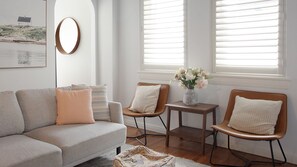 Smart TV, fireplace, books