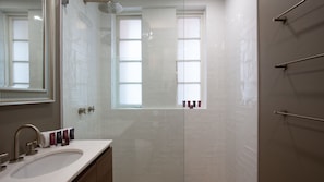 Shower, hair dryer, towels