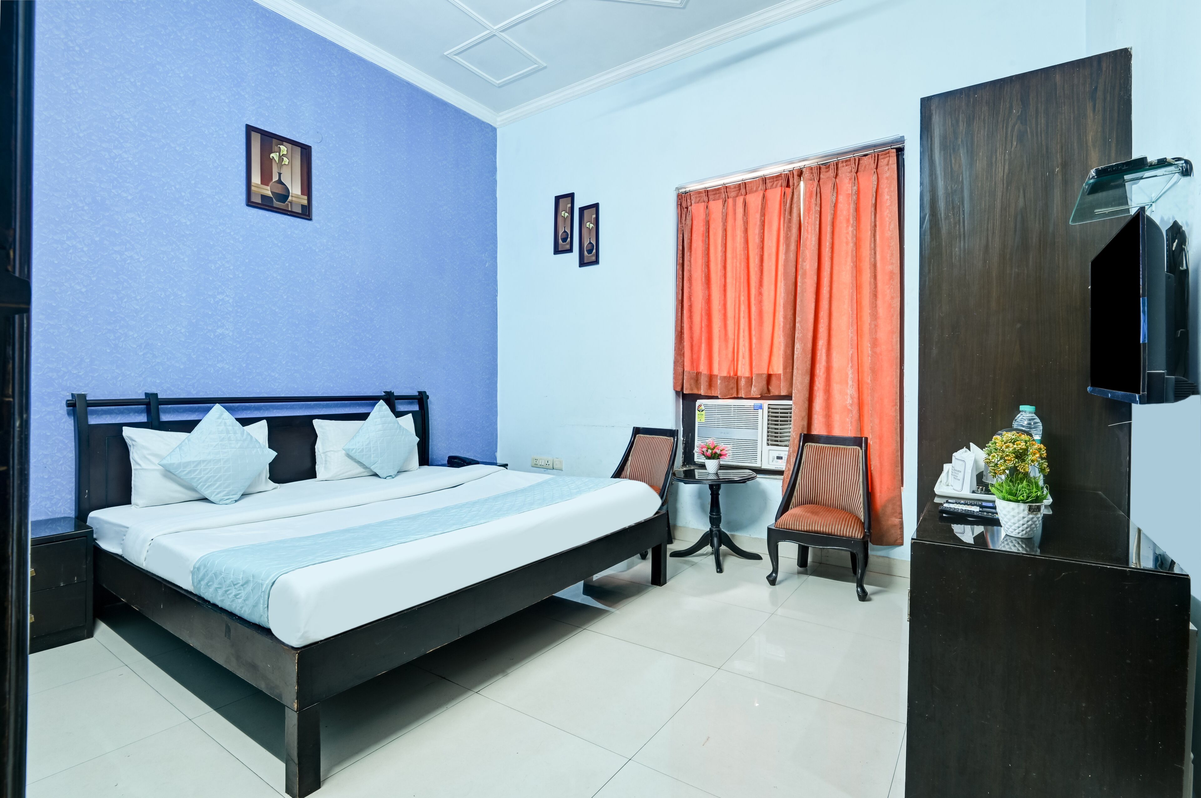 A hotel room with a bed, a small table with a chair, a TV, and a desk with a plant.