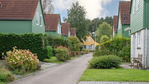 A residential street with houses, a paved road, and a brick pathway.