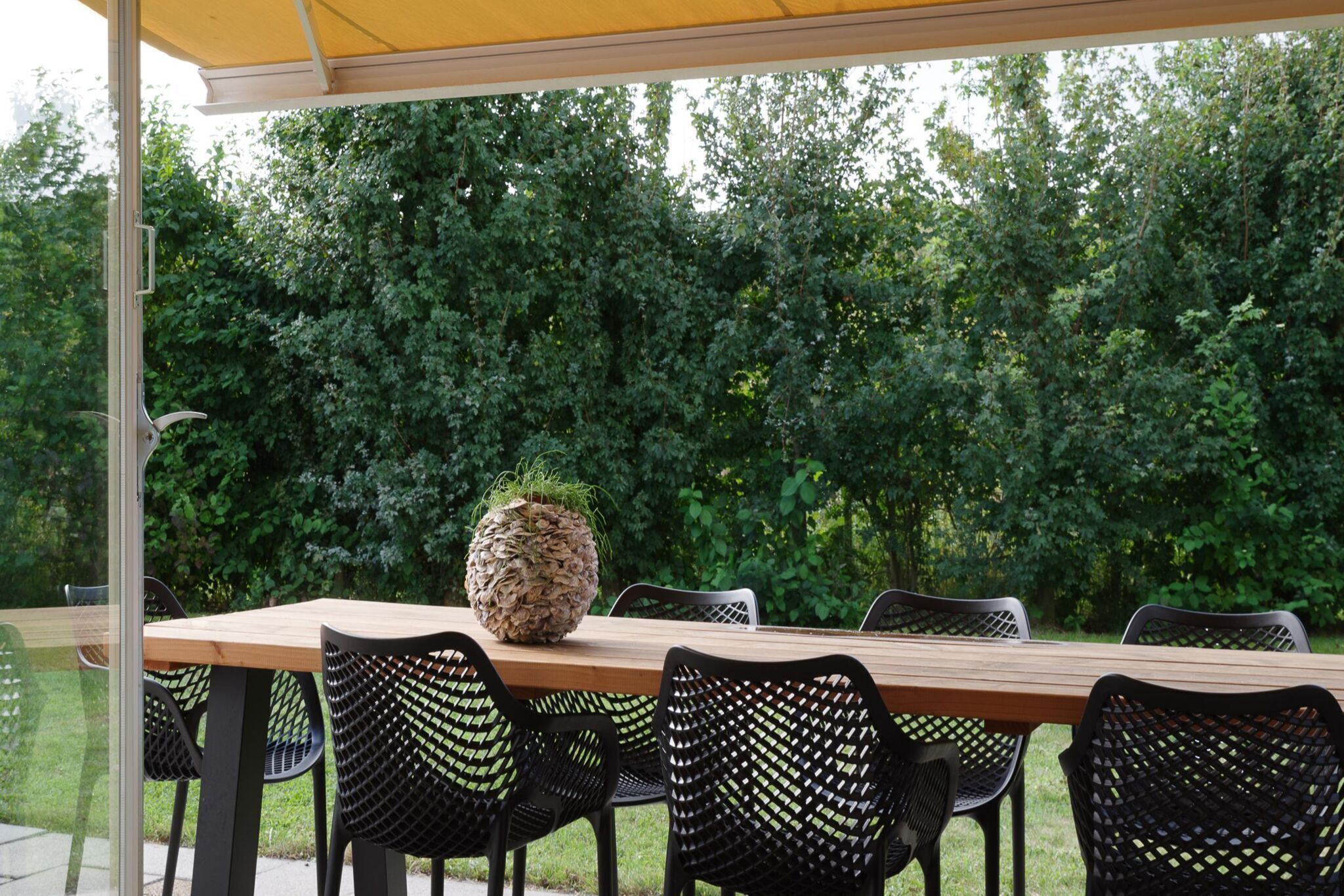En udendørs patio med et træbord og sorte stole, omgivet af frodig vegetation.