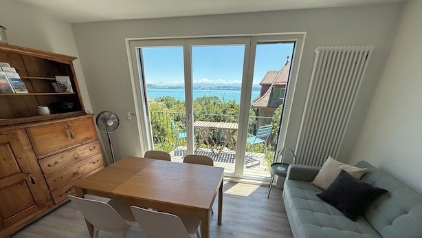 Een kamer met een houten eettafel, witte stoelen, een grijze bank en uitzicht op een meer en bergen door grote schuifdeuren.