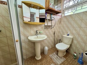 Secador de cabelo, toalhas de banho, sabonete, papel higiênico