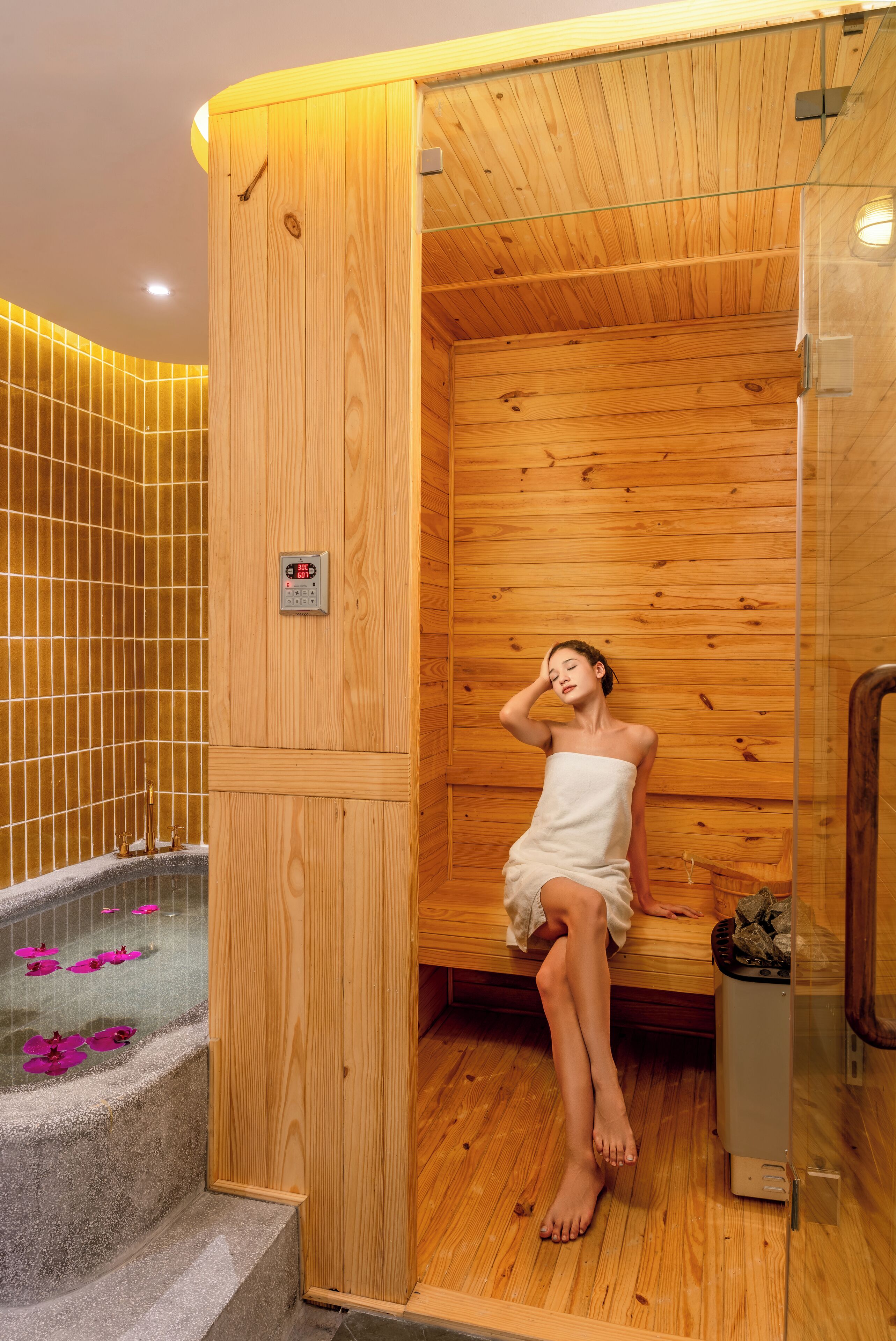 Sauna, steam room, hot stone massages, deep-tissue massages