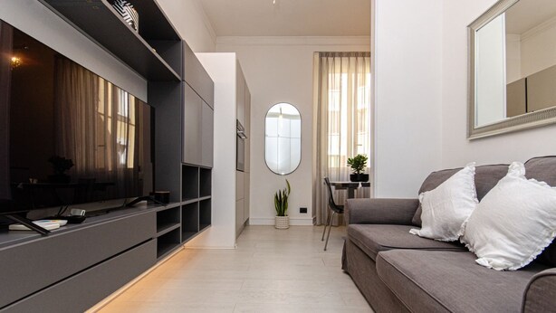 A modern living room with a flat-screen TV, grey sofa, and a small table with a plant. - VivimiHome - Rifugio Chic a Milano Buenos Aires (Milano)