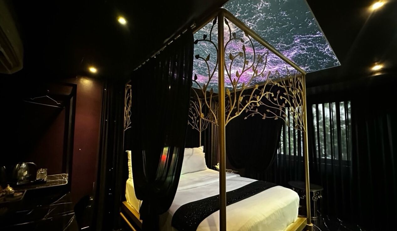 A bedroom with a canopy bed, a desk with a chair, and a large window.