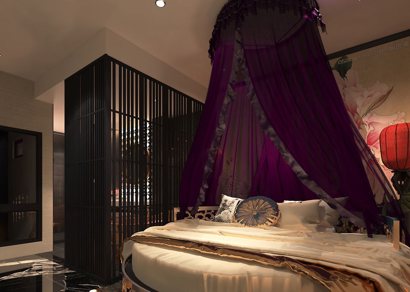 A bedroom with a canopy bed, a black partition, and a red lantern.