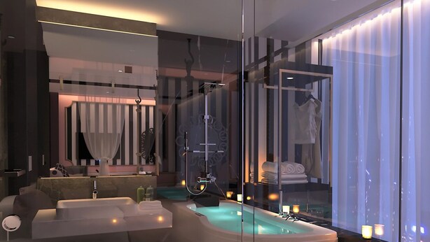 A modern bathroom with a glass shower enclosure, a bathtub, and a vanity with a mirror. - Ngan Le Mot Dem Hotel (Ho Chi Minh City)