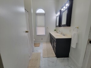 Hair dryer, towels, soap, shampoo