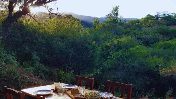 A table set outdoors with plates, glasses, and a bowl of salad, surrounded by chairs, with a view of a forested hillside. - Modern House in Nature at Villa Monte Reserve (Palma Sola)