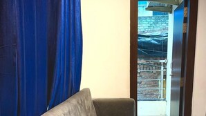 Een kamer met een bank, een blauw vloerkleed en een deur naar een balkon met een bakstenen muur en een metalen hekwerk.