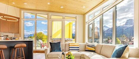 TV, fireplace, books