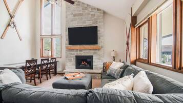 Smart TV, fireplace, books