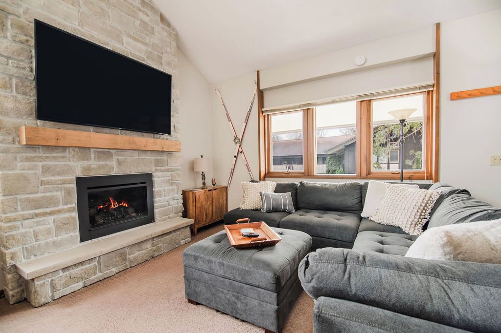 Smart TV, fireplace, books