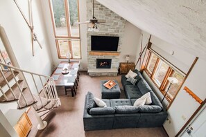 Smart TV, fireplace, books