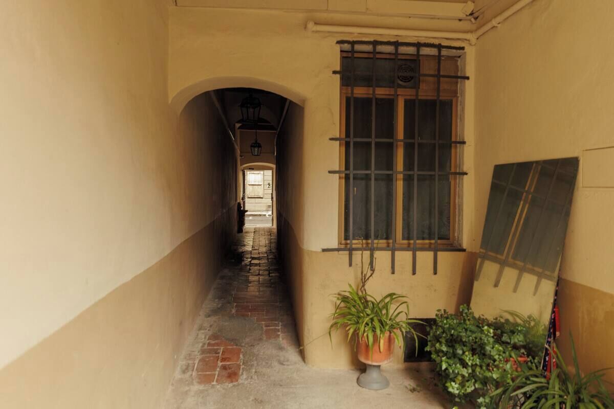 A narrow corridor with a tiled floor, a potted plant, and a window with bars.