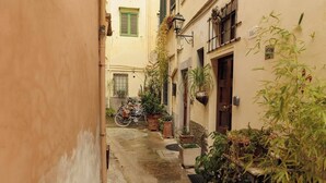 A narrow alleyway with a bicycle parked on the left, potted plants lining the right side, and a building entrance with a door and window. - Florence House San Zanobi (Firenze)
