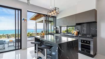 Full-size fridge, microwave, oven, stovetop