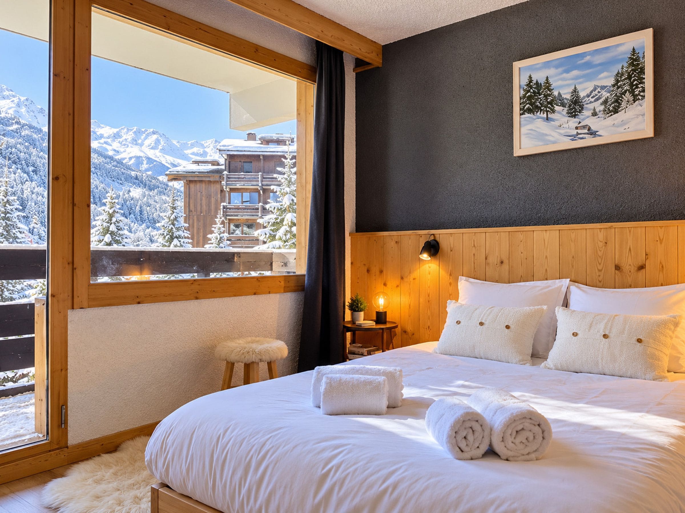 A hotel room with a large window offering a mountain view, a wooden headboard, and a painting of a snowy landscape.