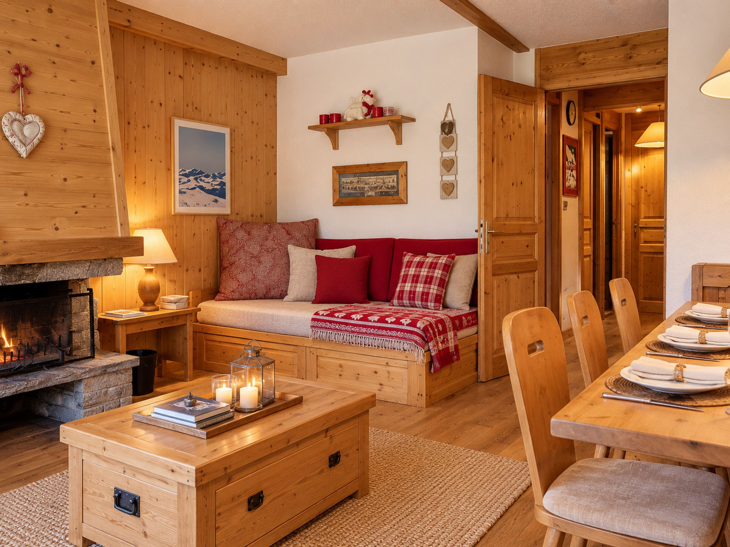 A cozy cabin interior with a fireplace, wooden furniture, and a dining area.