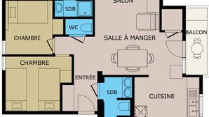 A floor plan with three bedrooms, a bathroom, a kitchen, a dining area, a living room, and a balcony.
