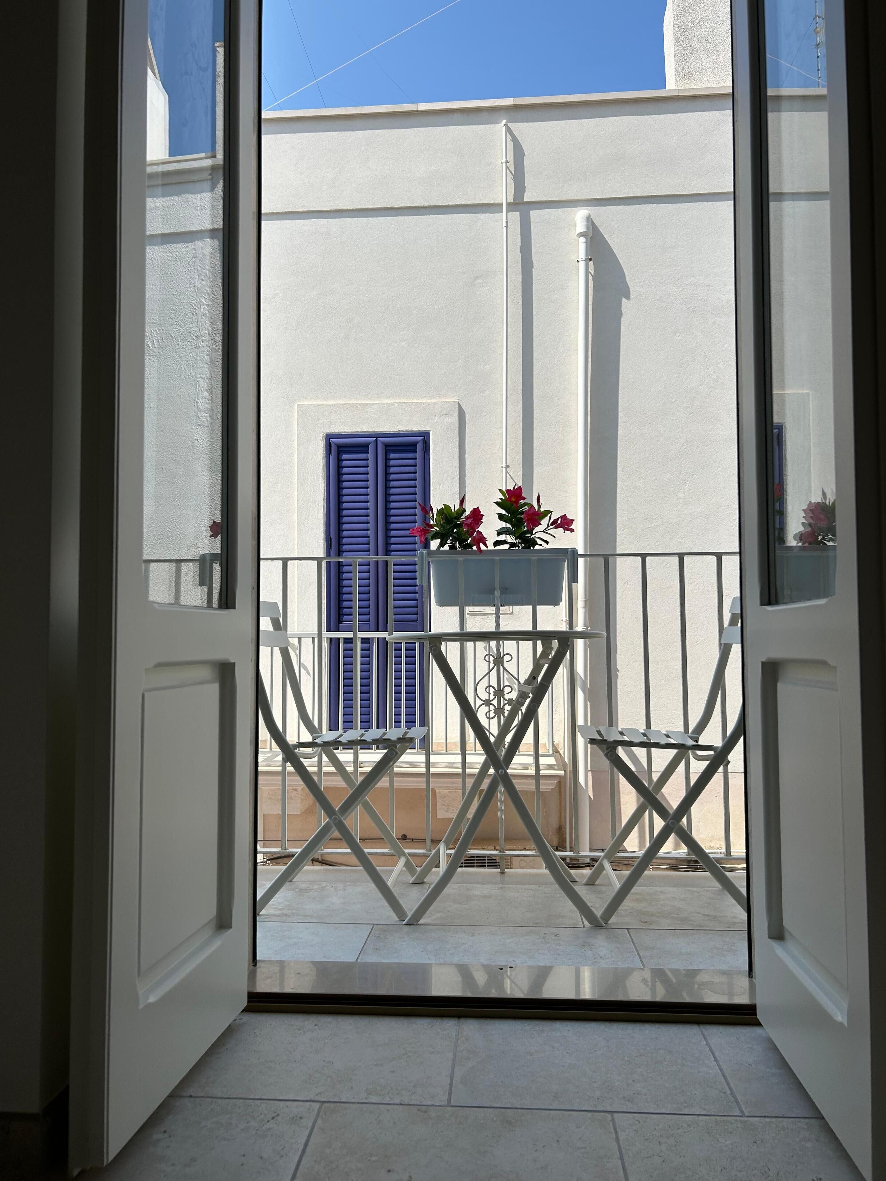 A balcony with a white railing, a blue shutter door, and potted plants.