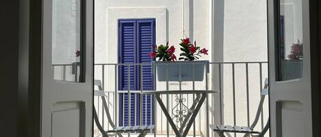 A balcony with a white railing, a blue shutter door, and potted plants.