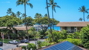 Un hotel con piscina, palmeras y paneles solares.