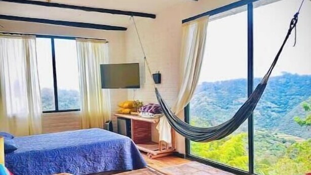 A room with a hammock, a bed, a TV, and a view of the outdoors. - Beauty farm, only 25 minutes away from Cali (Cali)