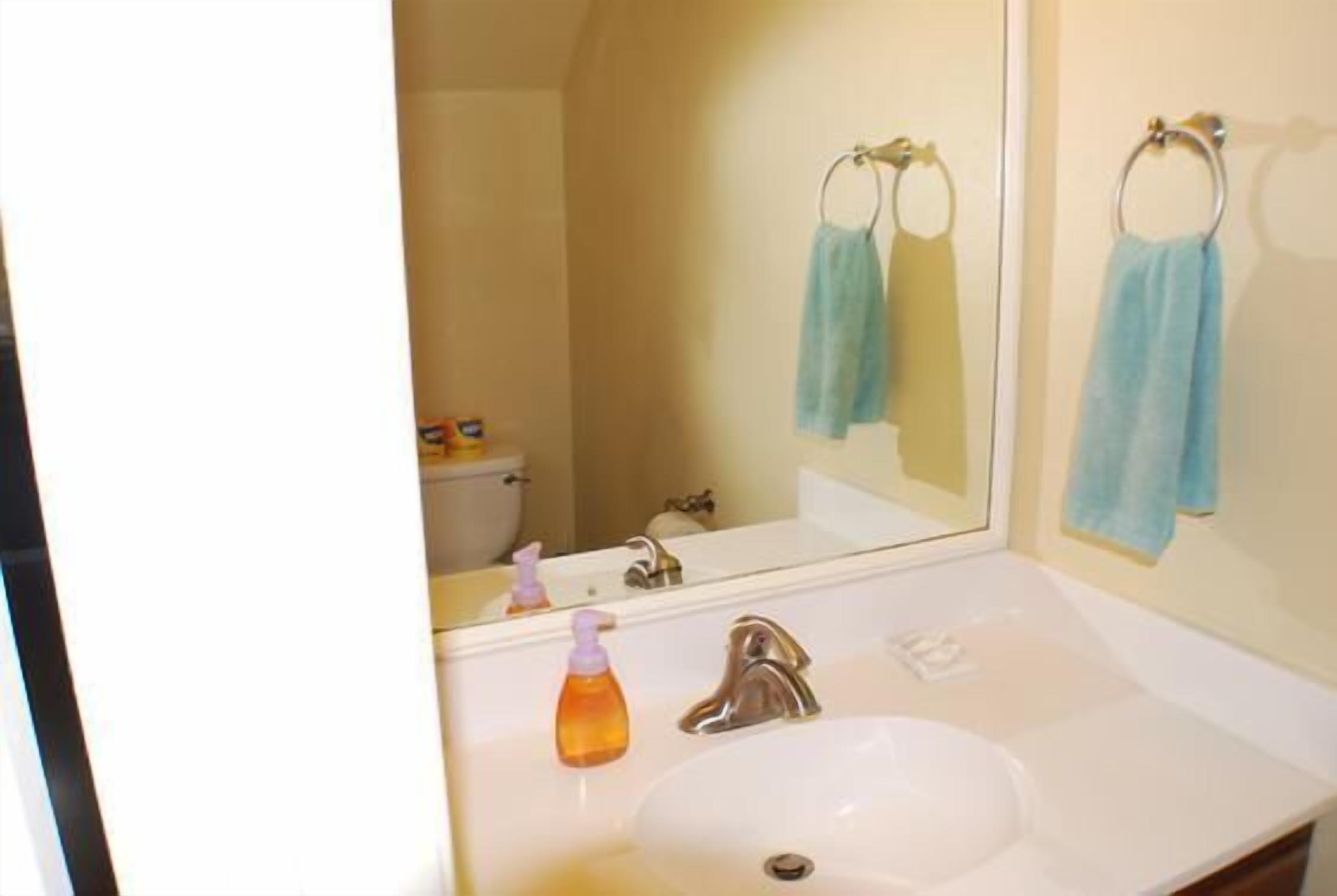 A bathroom with a white sink, a mirror, and two towels hanging on towel rings.