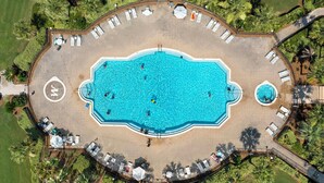 En vy från ovan av en swimmingpool omgiven av en terrass med solstolar och parasoller, och i sin tur omgiven av palmer och frodig grönska.