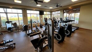 A gym with various exercise equipment, large windows, and ceiling fans. - Charming 3-bedroom house in Gold Canyon with 1 gigabit WiFi and amazing views (Gold Canyon)