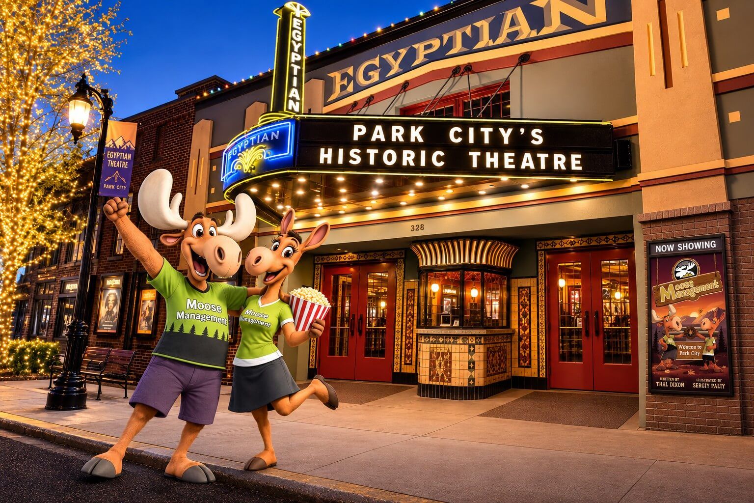Een theater met een gevelbord waarop 'Park City's Historic Theatre' staat en een bord voor 'Moose Management' aan de zijkant.