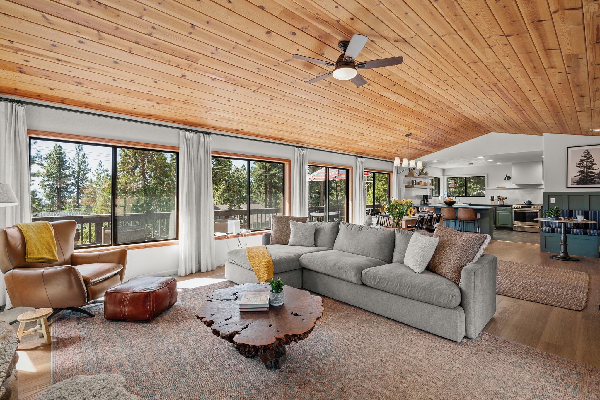 Smart TV, caminetto, libri, impianto stereo